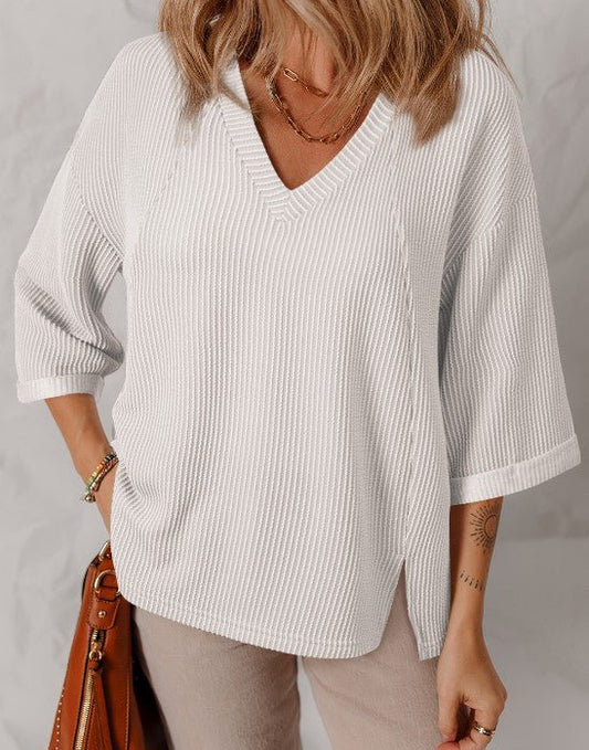 White Corded VNeck Top - Mercantile213
