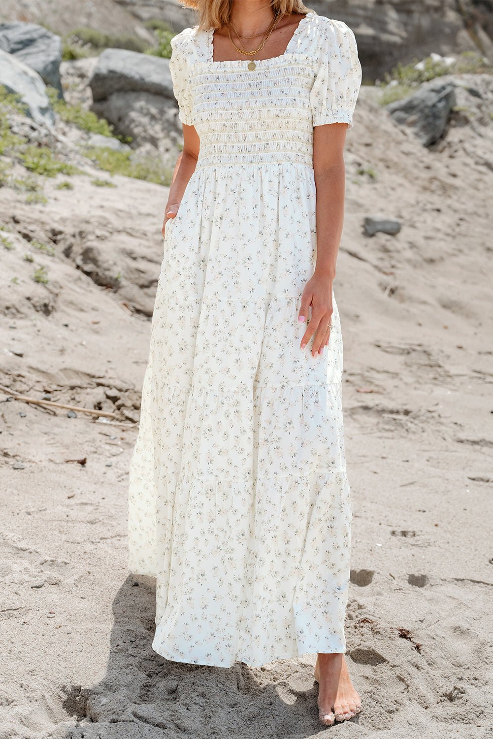 White Dainty Shirred Maxi - Mercantile213