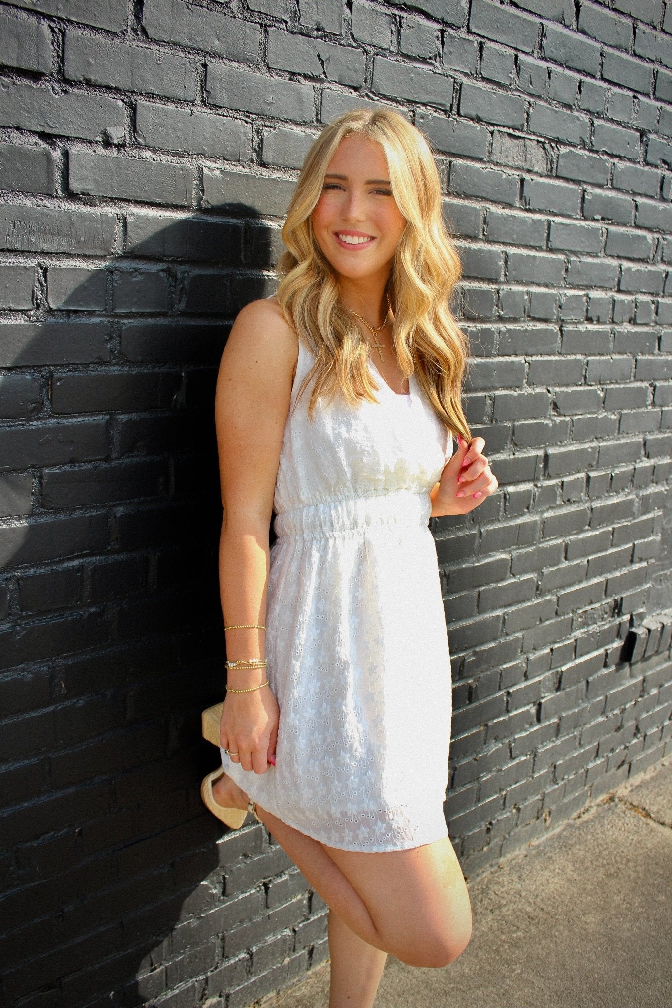 White Embroidered Eyelet Mini Dress - Mercantile213