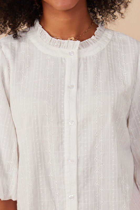 White Embroidered Puff Sleeve Blouse - Mercantile213