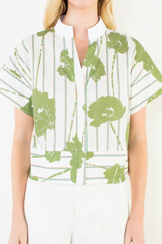 White & Green Floral Button Up Top - Mercantile213
