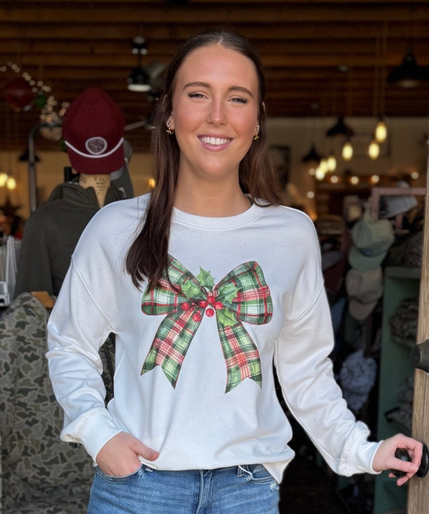 White Holly Plaid Bow Sweatshirt - Mercantile213