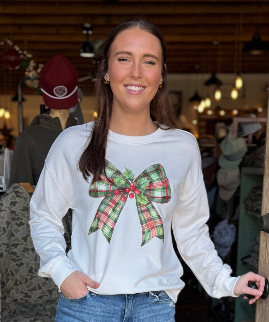 White Holly Plaid Bow Sweatshirt - Mercantile213