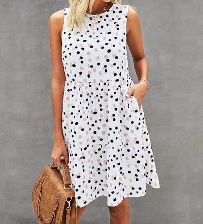 White Polka Dot Sleeveless Dress - Mercantile213
