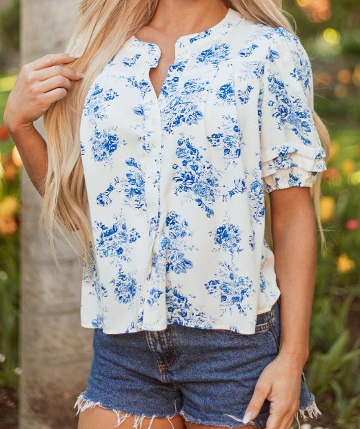 White/Blue Floral Button Down Blouse - Mercantile213