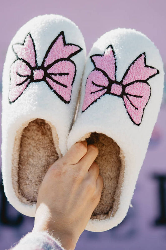 White/Pink Bowknot Plush Slippers - Mercantile213