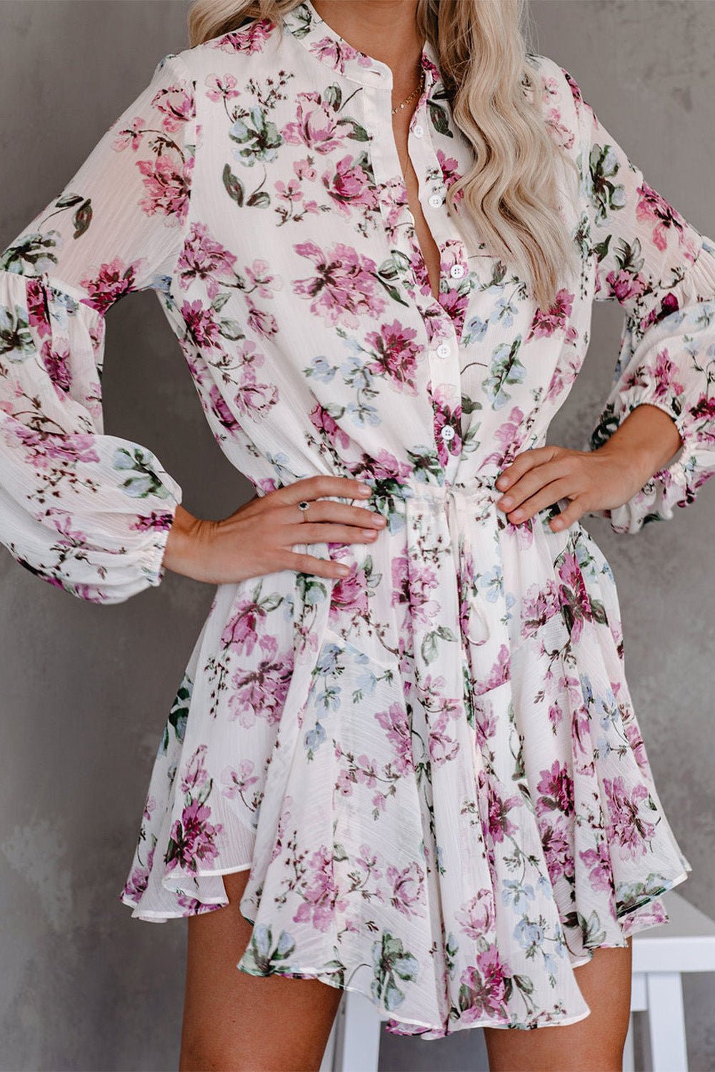 White/Purple Floral Cinched Waist Dress - Mercantile213