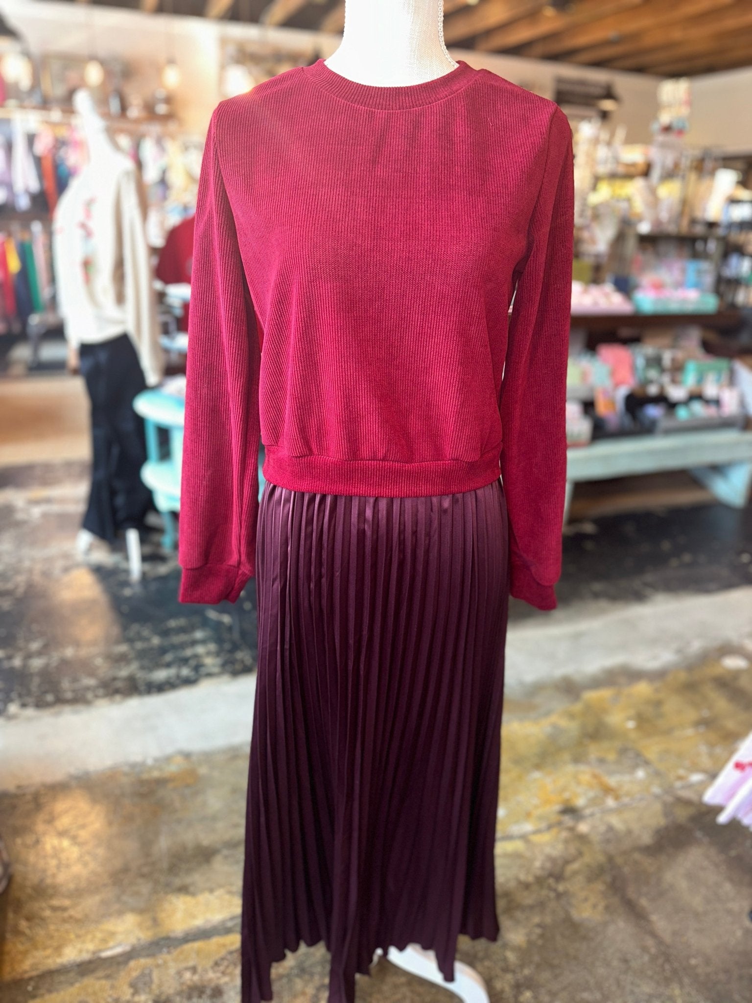 Wine Berry Faux 2pc Sweater/Pleated Skirt Dress - Mercantile213