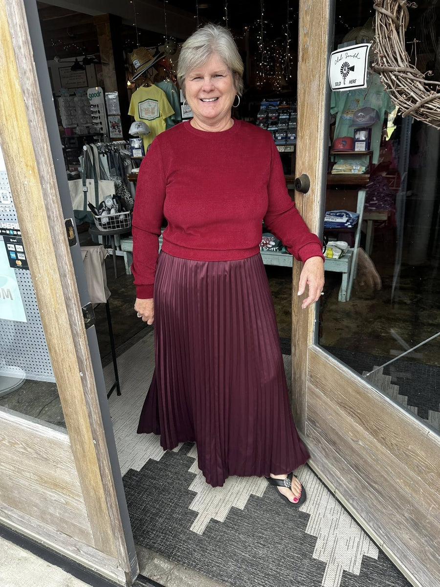 Wine Berry Faux 2pc Sweater/Pleated Skirt Dress - Mercantile213