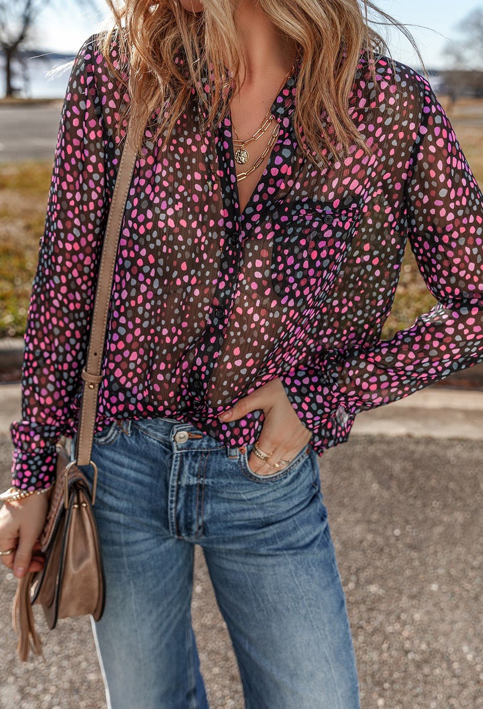 Wine Polka Dot Button Blouse - Mercantile213