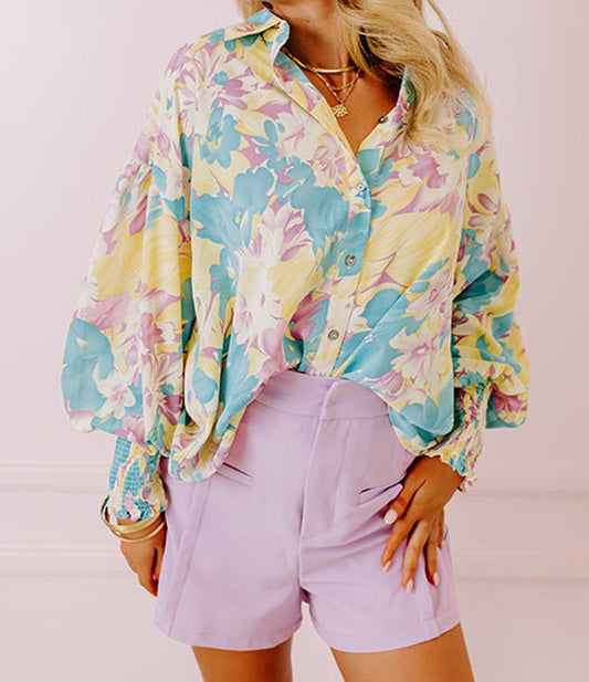 Yellow/Lavender Floral Blouse - Mercantile213