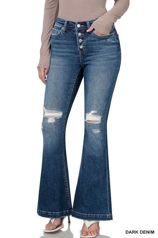 Zenana Destressed Flare Jeans - DPP1761DM - Mercantile213