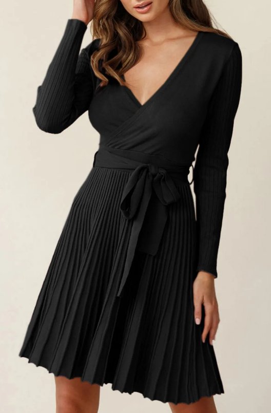 Black Belted V Neck Ribbed Dress - Mercantile213