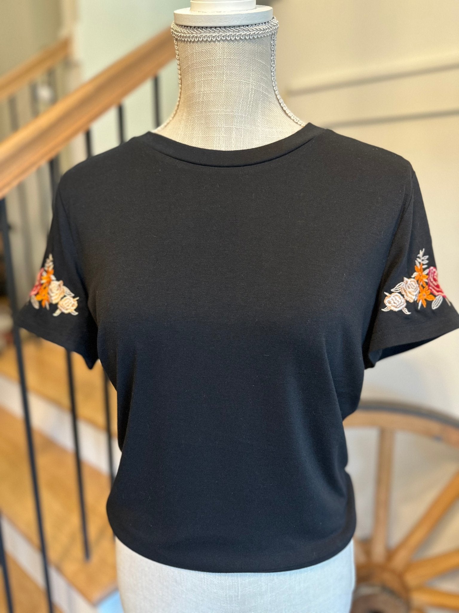Black Floral Embroidered Sleeve Top - Mercantile213