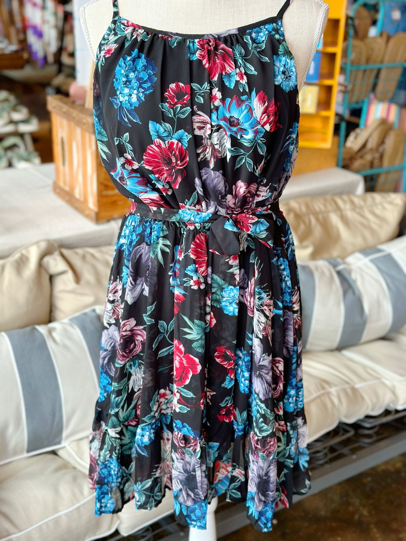 Black Floral Spaghetti Strap Dress w/Belt - Mercantile213