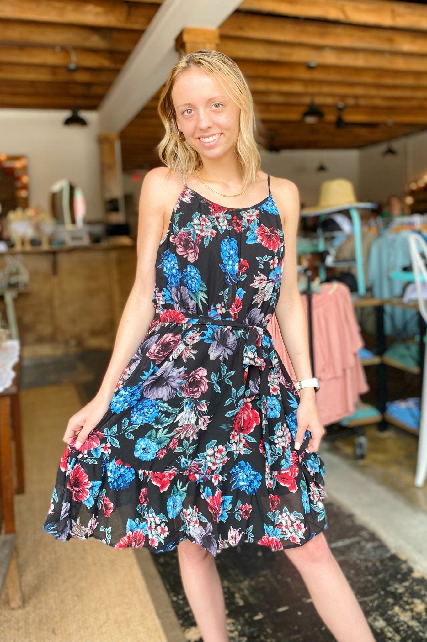 Black Floral Spaghetti Strap Dress w/Belt - Mercantile213