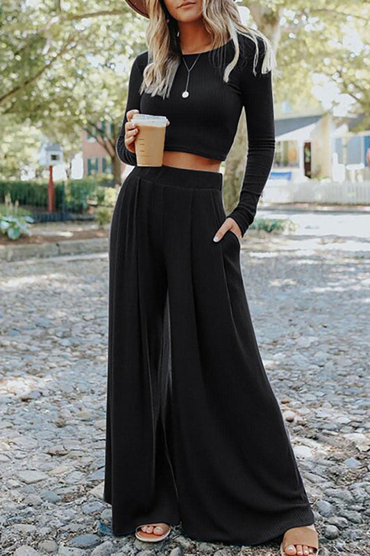 Black Ribbed Crop Top Pant Set - Mercantile213