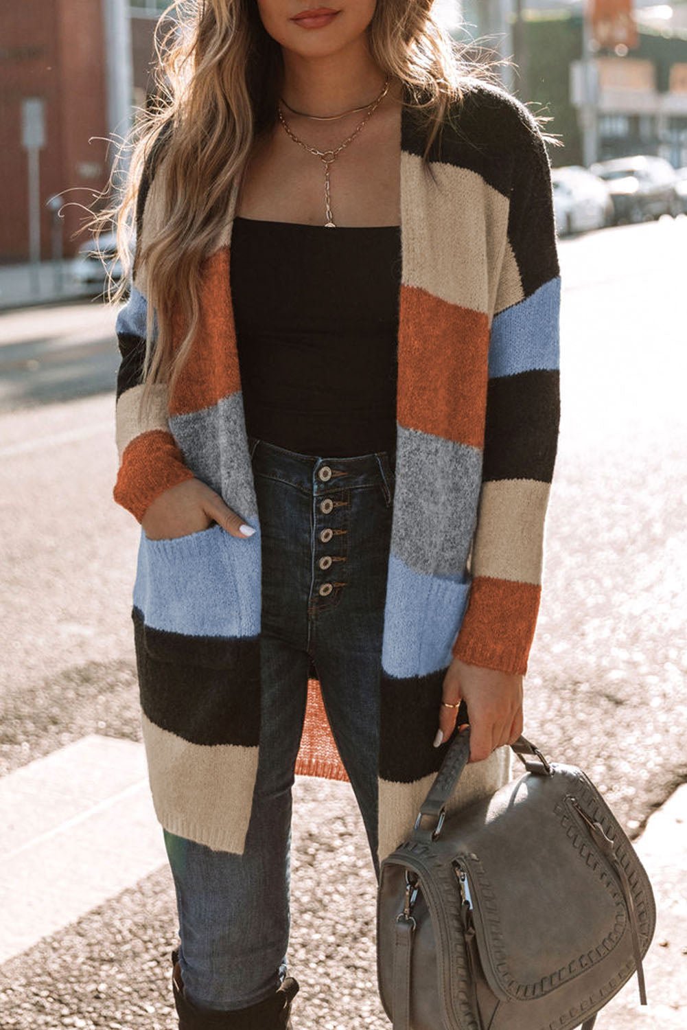 Colorblock Pocketed Cardigan - Mercantile213