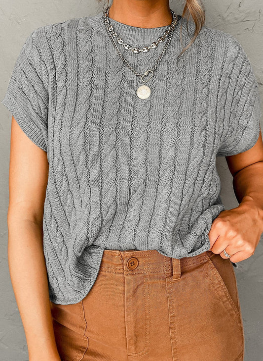 Crew Neck Cable Knit SS Sweater- Gray - Mercantile213
