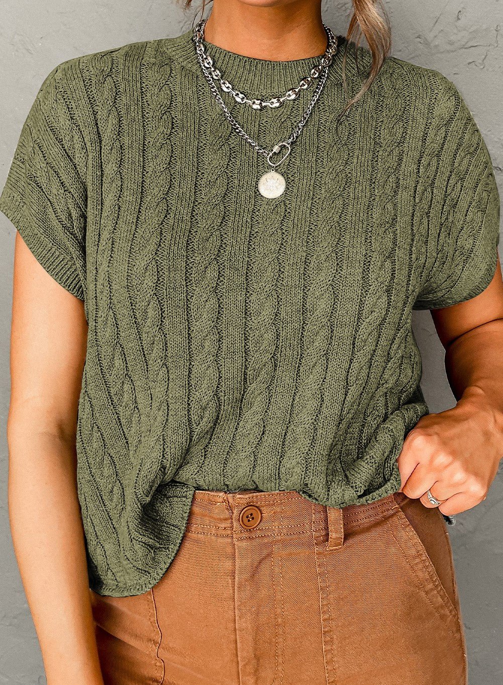 Crew Neck Cable Knit SS Sweater- Jungle Green - Mercantile213