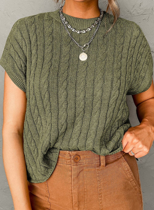 Crew Neck Cable Knit SS Sweater- Jungle Green - Mercantile213