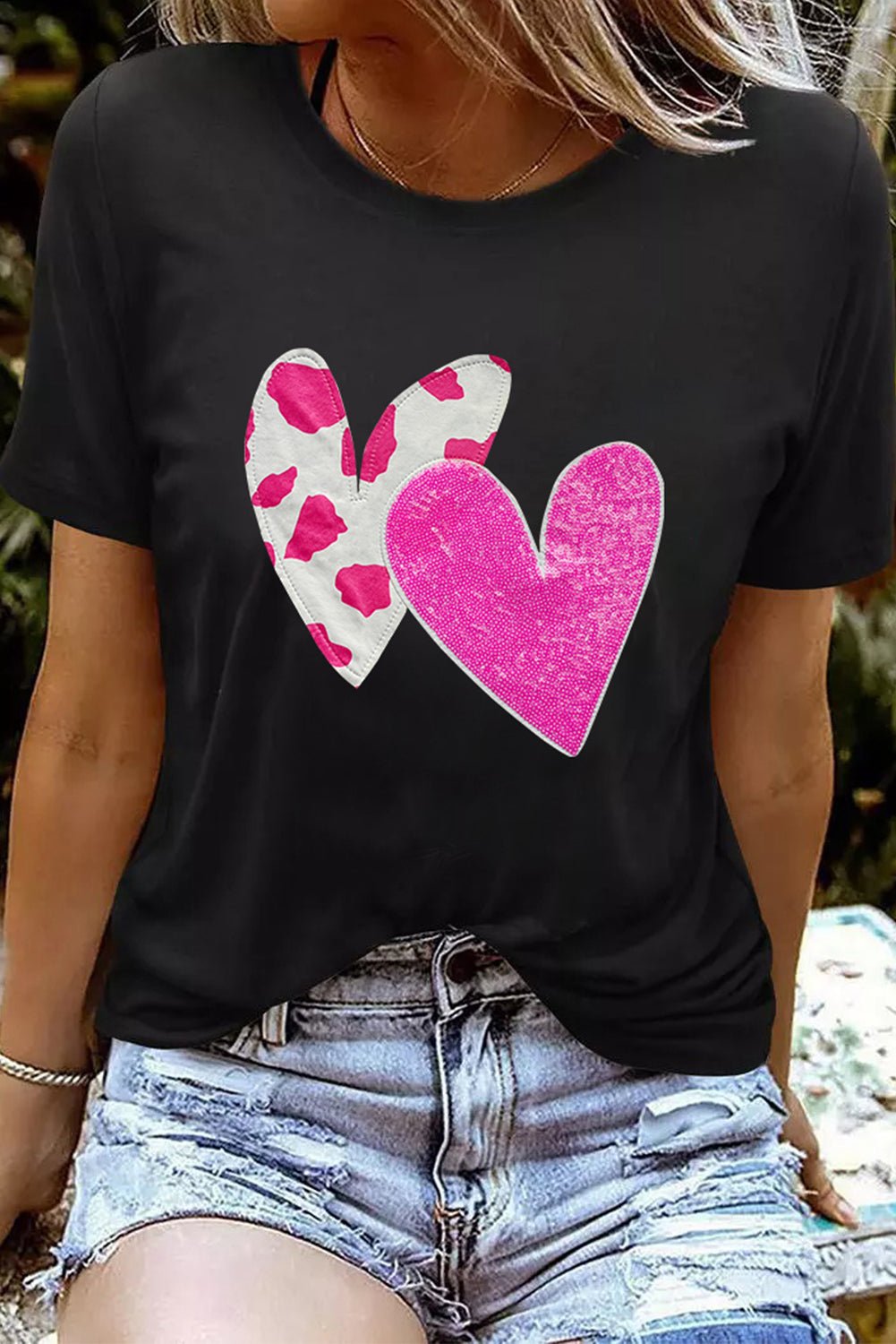 Double Heart Sequin Tee- Black - Mercantile213