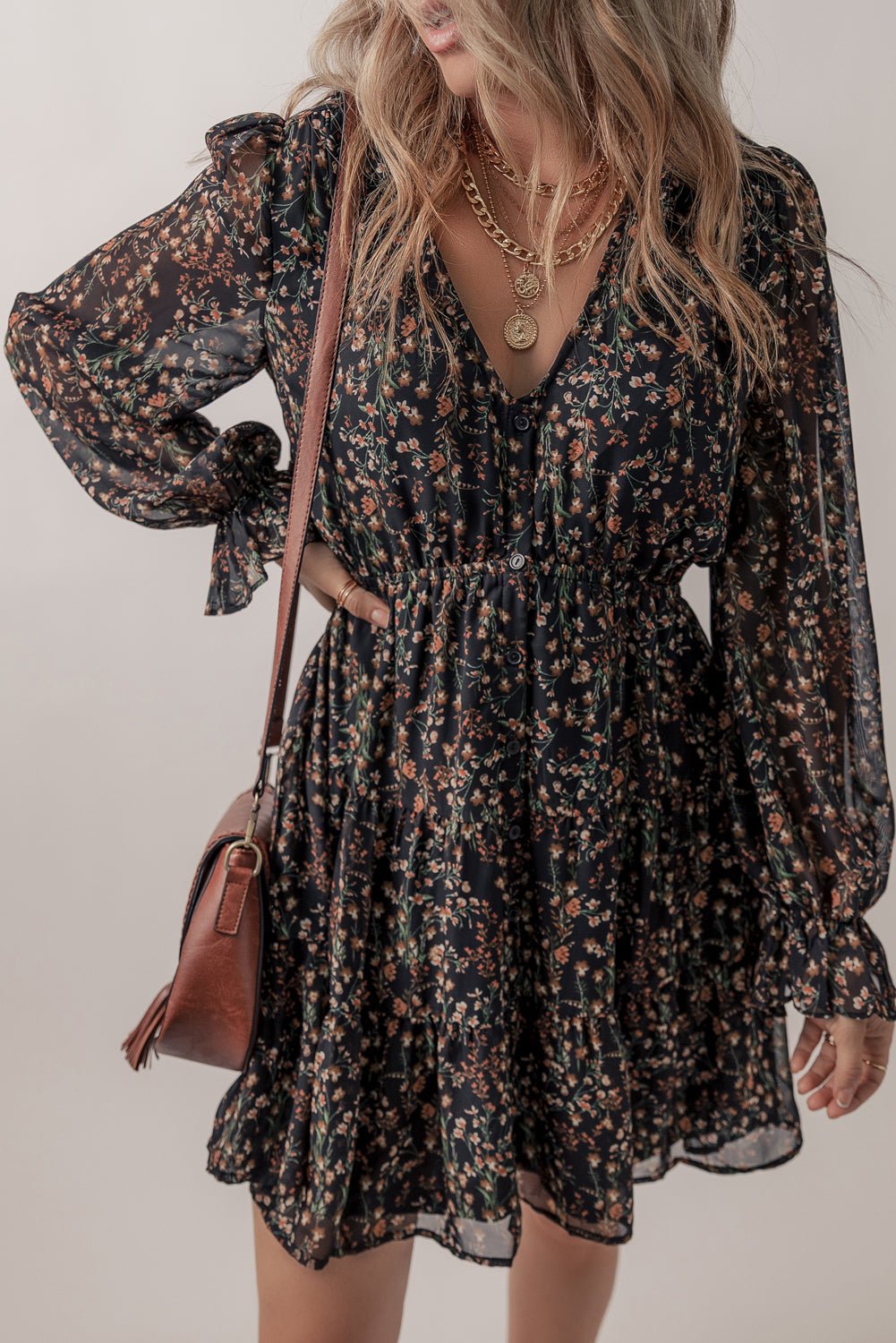 Floral V Neck Dress- Black - Mercantile213