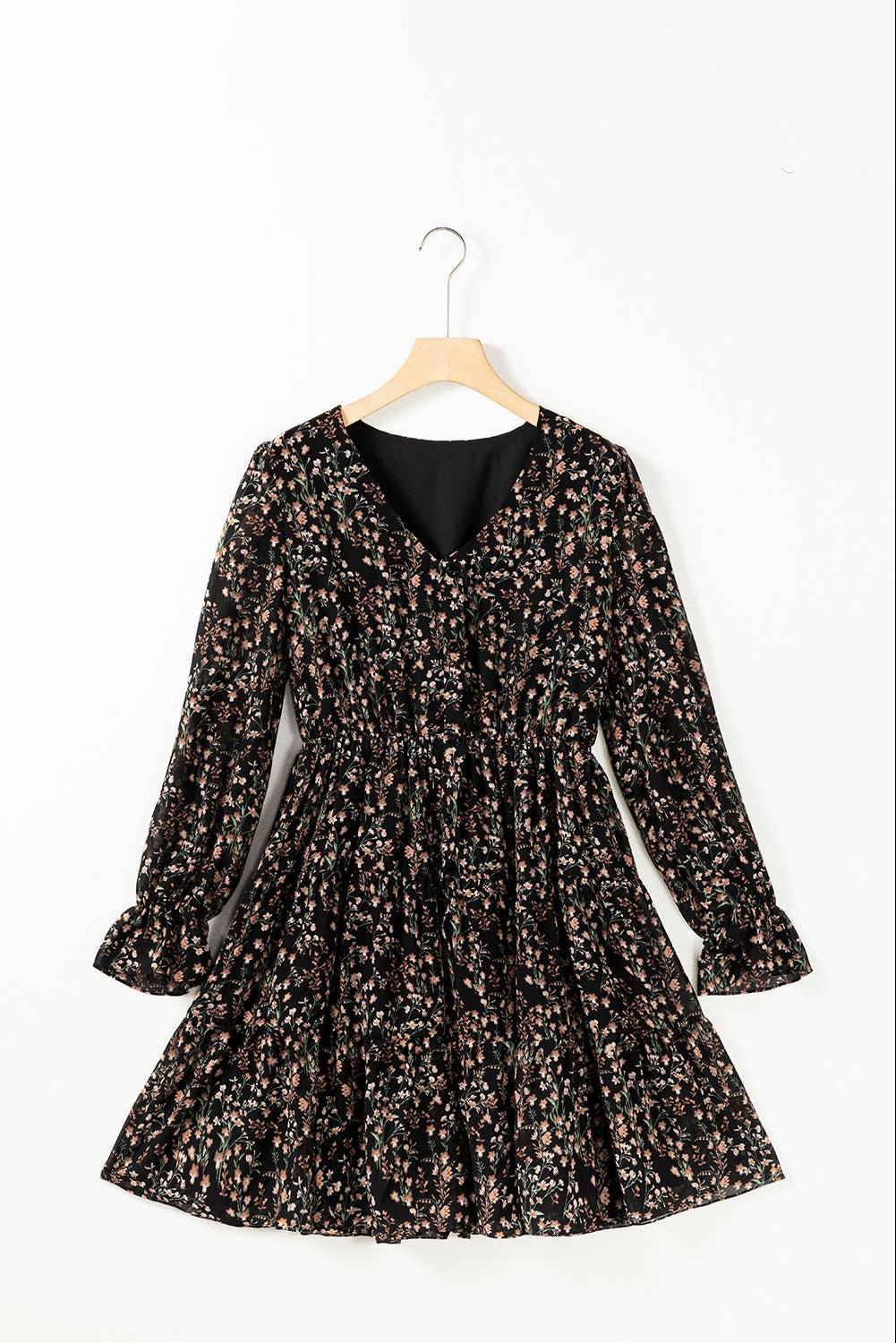 Floral V Neck Dress- Black - Mercantile213