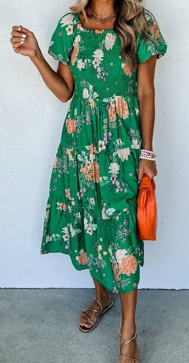 Green Floral Smocked Dress - Mercantile213