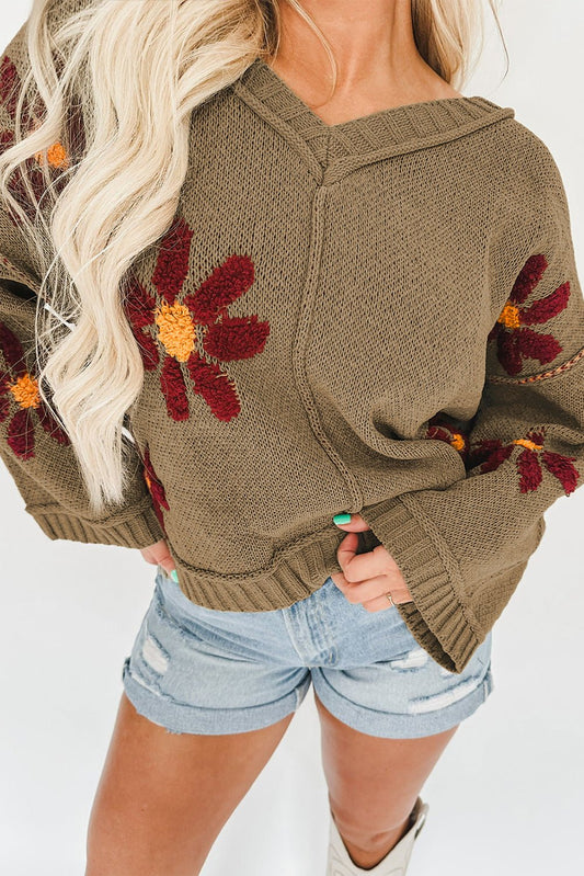 Green Flower Embroidered Sweater - Mercantile213