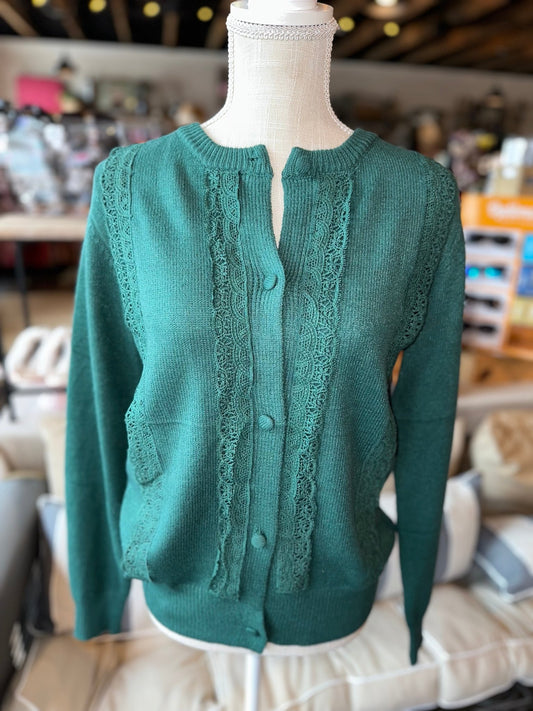 Green Laced Button Up Cardigan - Mercantile213