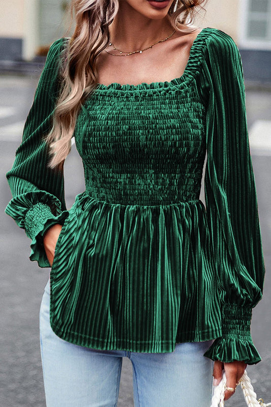 Green Smocked Velvet Babydoll Top - Mercantile213