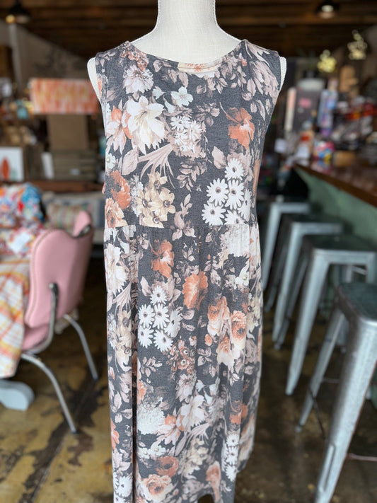 Grey Floral Sleeveless Dress - Mercantile213