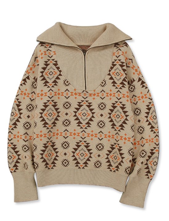 Khaki Aztec Zip Up Sweater - Mercantile213