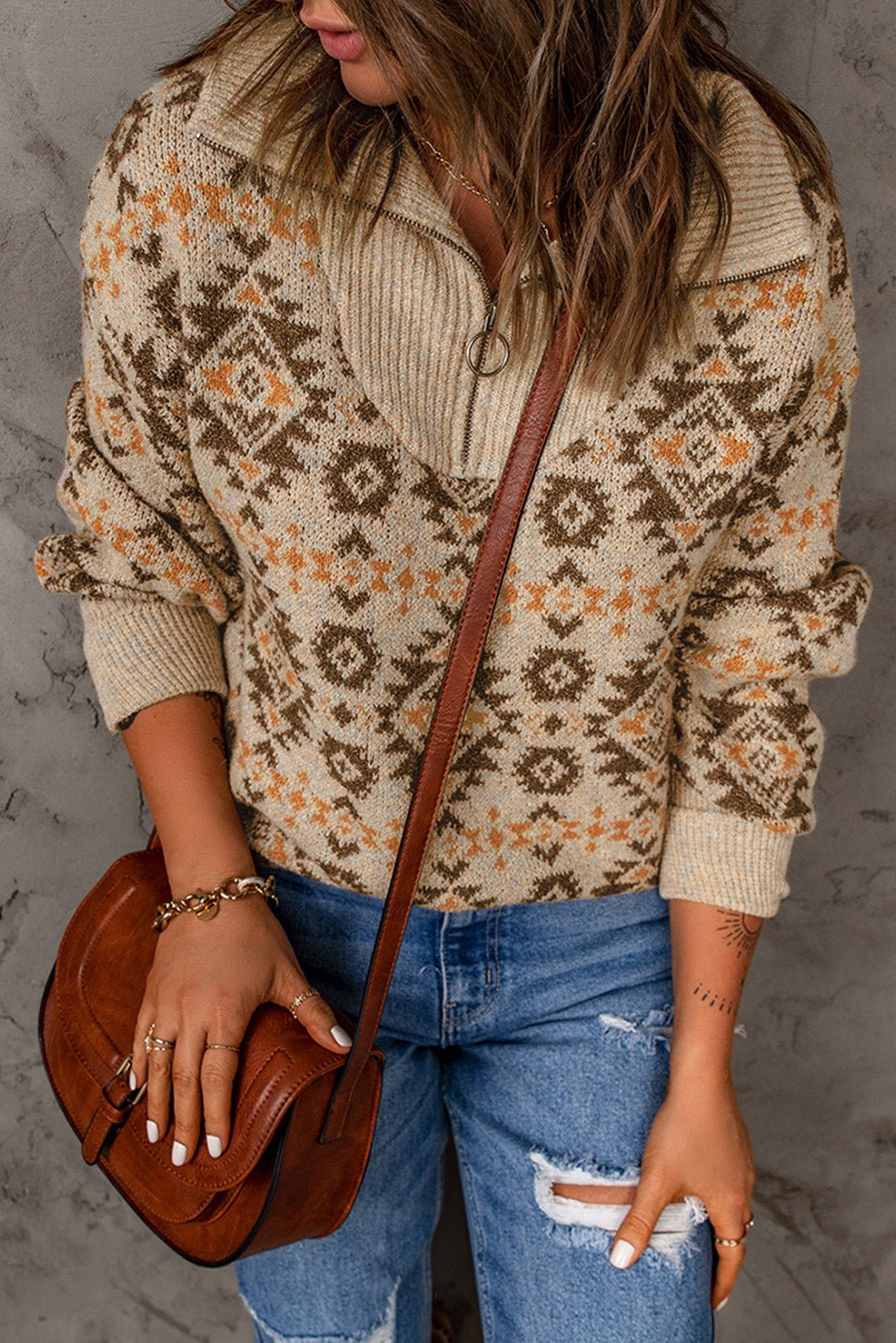 Khaki Aztec Zip Up Sweater - Mercantile213