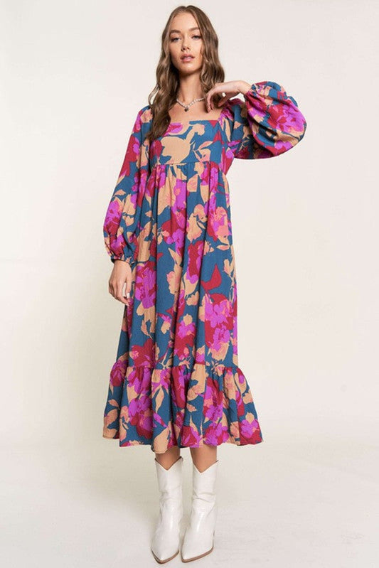 Multi Color Floral Square Neck Dress - Mercantile213
