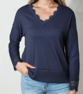 Navy V Neck Ribbed Top - Mercantile213