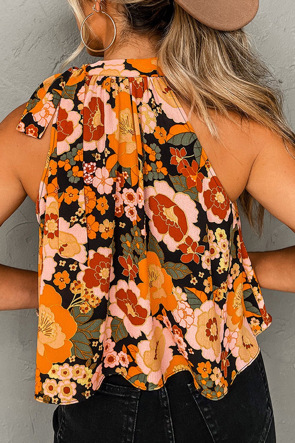 Orange Floral Halter Neck Sleeveless Top - Mercantile213