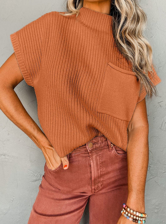 Patch Pocked Ribbed SS Sweater- Chestnut - Mercantile213