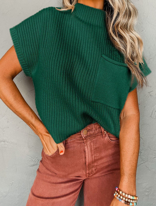 Patch Pocked Ribbed SS Sweater- Green - Mercantile213