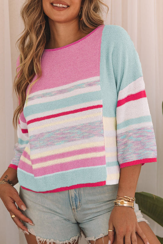 Pink Color Block Stripe Knit Top - Mercantile213