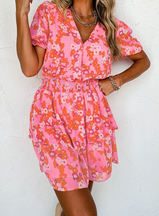Pink Floral Short Ruffle Dress - Mercantile213