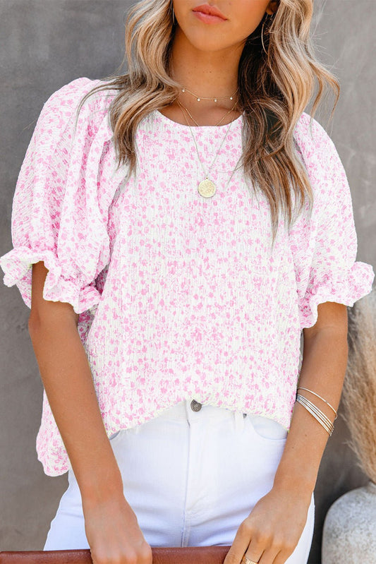 Pink Floral Short Sleeve Smocked Blouse - Mercantile213