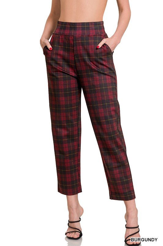 Pull On Dress Pants- Burgundy Plaid - Mercantile213