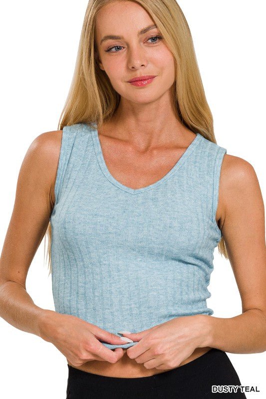 Ribbed Crop Sleeveless Top-Dusty Teal - Mercantile213