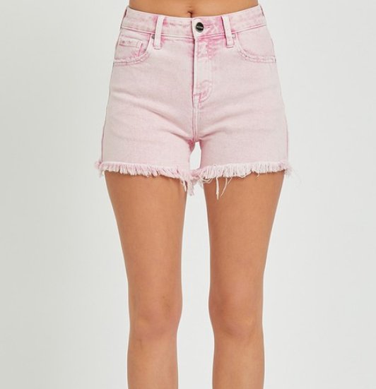 Risen Acid Pink High Rise Fray Shorts- RDS6139AP - Mercantile213