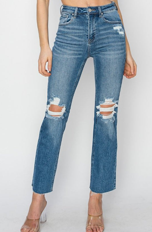 Risen High Rise Distressed Knee Ankle Jeans RDP5756(P) - Mercantile213
