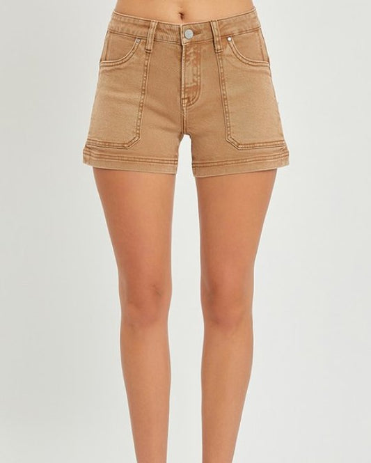 Risen Mid Rise Front Patch Pocket Shorts- RDS6166Cocoa - Mercantile213