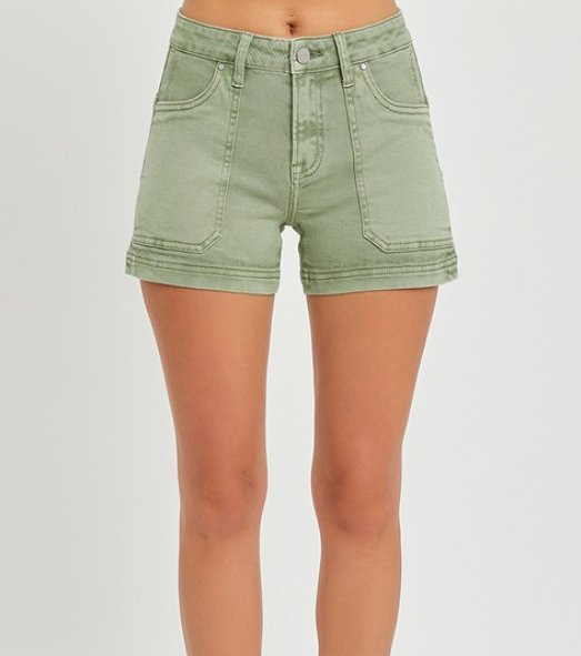 Risen Mid Rise Front Patch Pocket Shorts- RDS6166Olive - Mercantile213