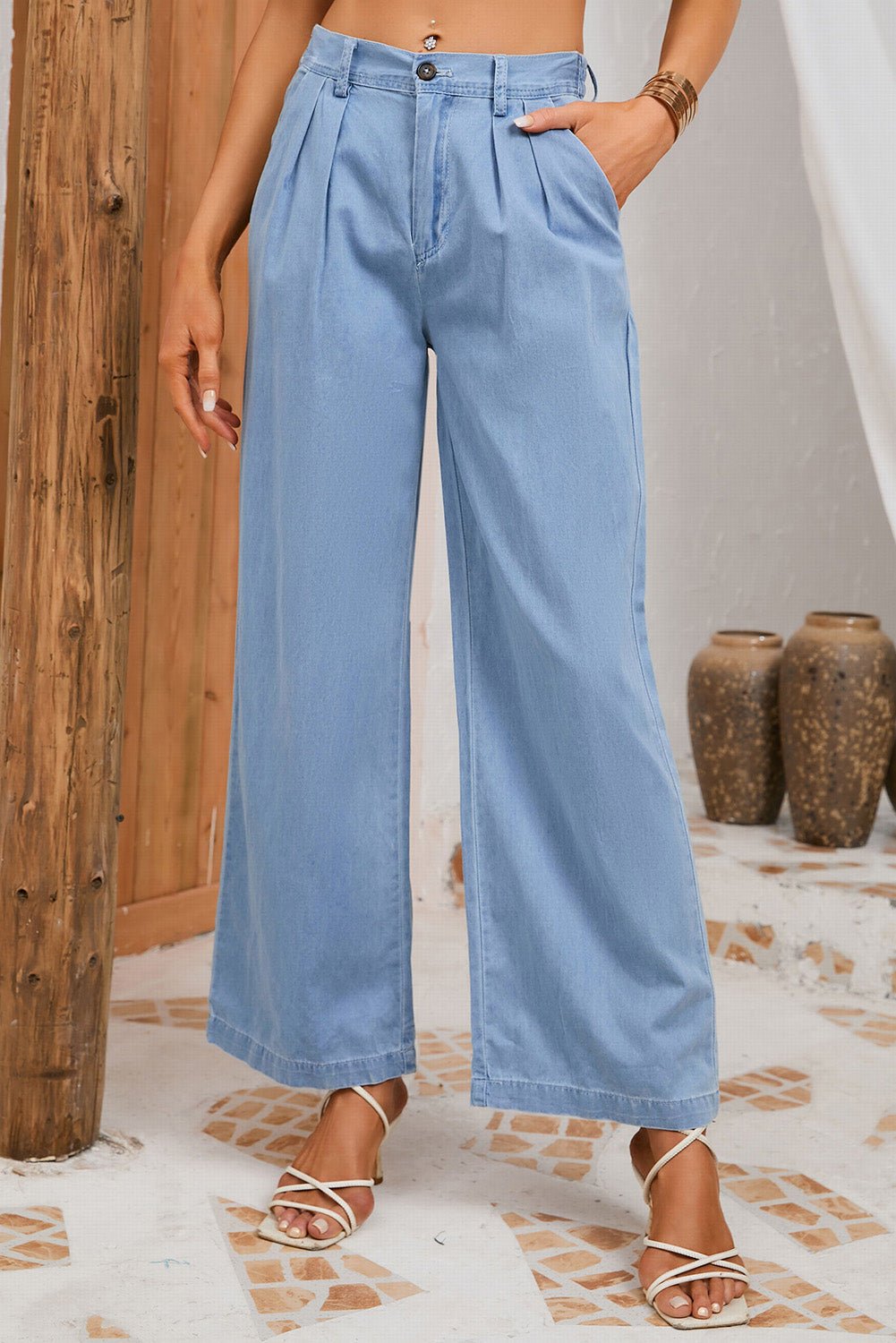 Sky Blue Pleated Wide Leg Denim- KE123 - Mercantile213